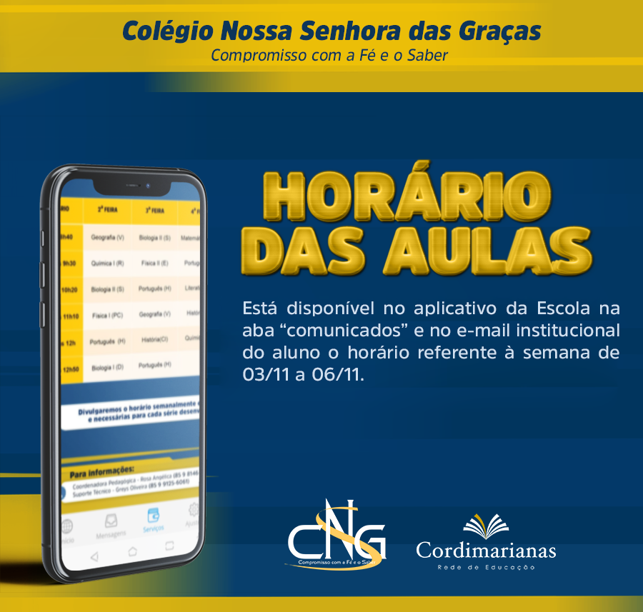 Horário das aulas – Semana de 03/11 a 06/11