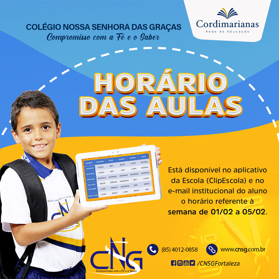 Horário das aulas – Semana de 01/02 a 05/02