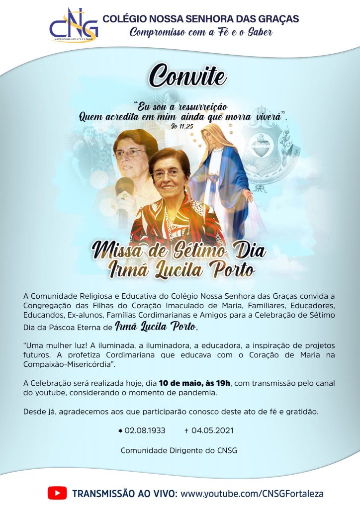 Convite - Missa de Sétimo dia Irmã Lucila Porto